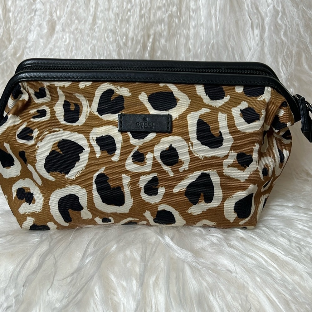 Gucci Navy blue, dark tan, off white leopard print, canvas and leather bag
